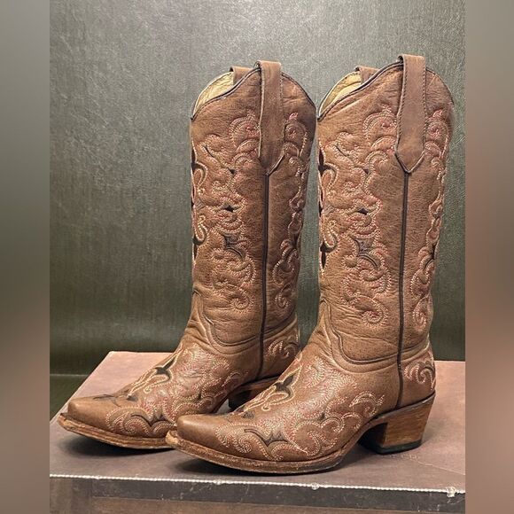 Circle H Brown Distressed Bone Dragon Embroidered Western Leather Boots Size 6.5 - Picture 5 of 14